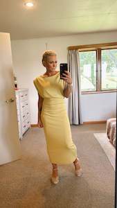 Dresses 40 Under: Shoulder pad ruched waist mustard dress