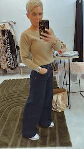 All Pants: Dark blue yellow stitching wide leg jeans