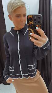 Sunny Girl collared white trim front pocket cardigan