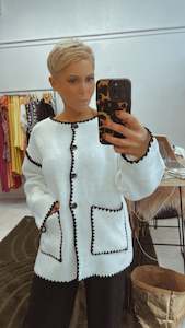 Coats Jackets: White crochet edge knit pocket cardi