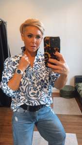 High Collar Blue Floral Print Blouse Top