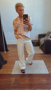 All Pants: White Stretch Wide Legs Jeans