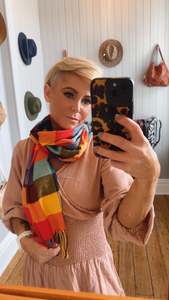 Accessories: Bright Check Tassle Knit Scarf