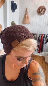 Accessories: Fur Lined Waffle Knit Slouch Beanie Brown