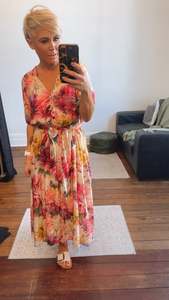 All Dresses Jumpsuits: Floral Print Scalloped Edge Elastic Waist Belted Midi Dress