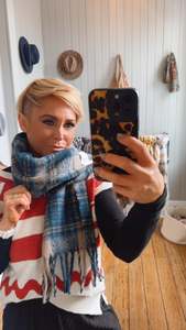 Accessories: Check Beige & Blue Tassel Scarf