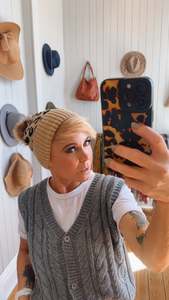 Fur Lined Leopard Print Pom Pom Beanie Beige