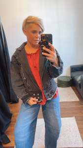 Tops: Black Acid Wash Oversized Sleeves Fitted Waistband Denim Jacket