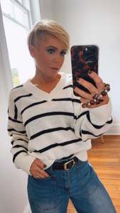 Tops: Drop Shoulder V Neck Knit Stripe Jumper