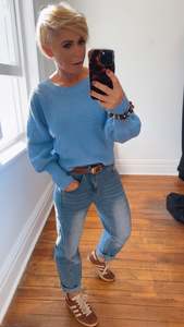 All Pants: Airforce Blue Barrel Leg Stretch Jeans