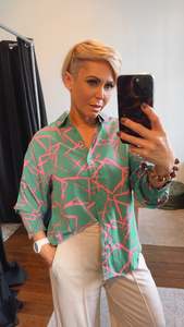 Ana Print Shirring Cuffs Shirt Green