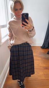Navy Tartan Full Winter Skirt With Pockets
