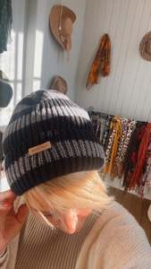 Accessories: Stripe Knit Beanie Black & Grey