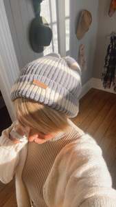 Accessories: Stripe Beanie Knit Grey & White