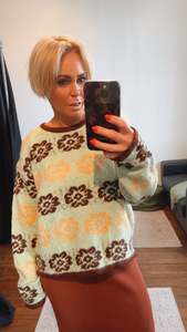 Tops: Wool Blend Brown Flower Pattern Mint Knit Jumper