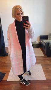 Pink Long Check Wool Blend Coat
