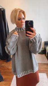 Tops: Grey Border Oversized Wool Blend Jumper