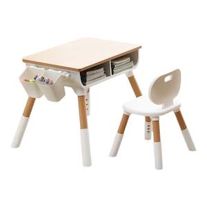 Adjustable Wooden Toddler Table & Chair Set | Modern Kids Desk with Storage