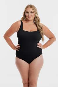 One Piece 1: Black Pebbled Texture Square Neck One Piece Swimsuit