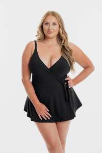 One Piece 1: Black Microfibre Swimdress Cross Over One Piece Swimsuit