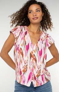 Just Landed: Flutter Sleeve Button Front Knit Top - Pink Ikat