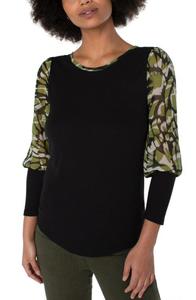 Sale: LIVERPOOL KNIT TO WOVEN LONG SLEEVE TOP - GREEN