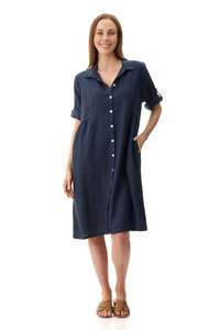 Dresses: Collared linen dress - Navy