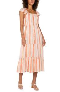 Dresses: Flutter Sleeve Midi Dress - Orange/Cream Stripe