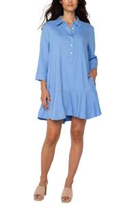 Dresses: Shirt Dress with Flounce Hem - Chambray Blue