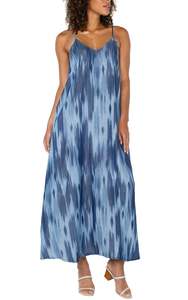 Spaghetti Strap Maxi Dress - Blue Watercolour Ikat
