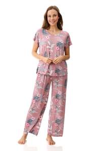 Sleepwear: Lani Tropical Print Wide Leg Pyjama Set - Cinnamon