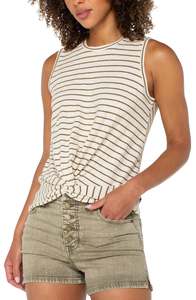Sleeveless Knit Tee with Front Twist - Cream/Olive Stripe