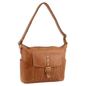 PIERRE CARDIN LEATHER CROSS BODY BAG WITH WOVEN FRONT POCKET - TAN