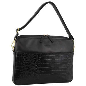 PIERRE CARDIN CROC EMBOSSED LEATHER COMPUTER BAG - BLACK