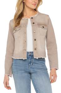Collarless Denim Jacket - Vintage Khaki