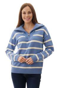 Clearance Womens: King stripe half zip knit - Denim