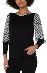 Entire: LIVERPOOL KNIT TO WOVEN LONG SLEEVE TOP - BLACK/WHITE CHECK