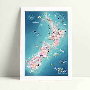 Prints Art: New Zealand Map in Pastel
