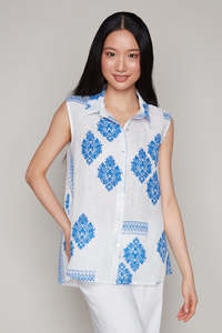 Sleeveless Linen Button-Up Shirt - Carre Noir Collection - Navy