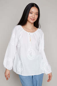 Size Small: Relaxed woven top with tie-front neckline - Carre Noir - White