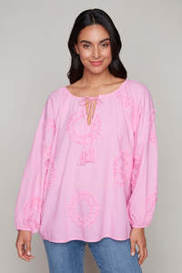 Relaxed woven top with tie-front neckline - Carre Noir - Pink