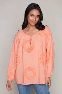 Relaxed woven top with tie-front neckline - Carre Noir - Papaya