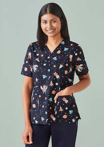 Bizcare | Womens Printed Space Party Scrub Top | CST148LS