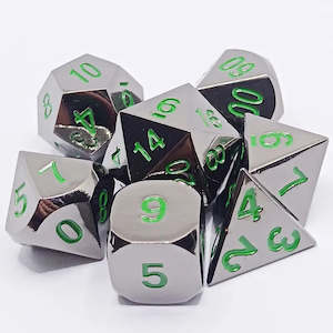 Dice: 7 Piece Metal DND Dice Set Silver/Green