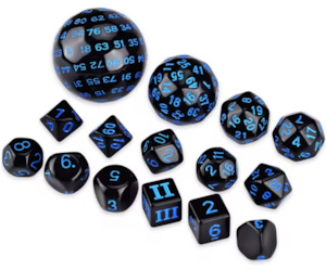 Dice: 15 Piece Opaque Black/Blue Polyhedral Dice Set (D3-D100)