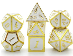 Metal Dice: 7 Piece Metal DND Dice Set White/Gold