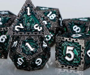 Metal Dice: 7 Piece Metal Dragon DND Dice Set (Green/Silver)