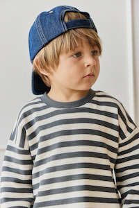 Organic Cotton Waffle Leith Long Sleeve Top - Oliver Stripe Atlantic/Cloud