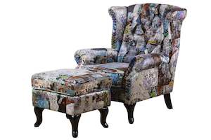 Armchair: TNC Large Patchwork Wing Chair and Ottoman, 76B