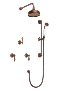 Shower System: Art Deco Shower System With Arm Rose Diverter & Slide Bar Handshower - Metal Levers